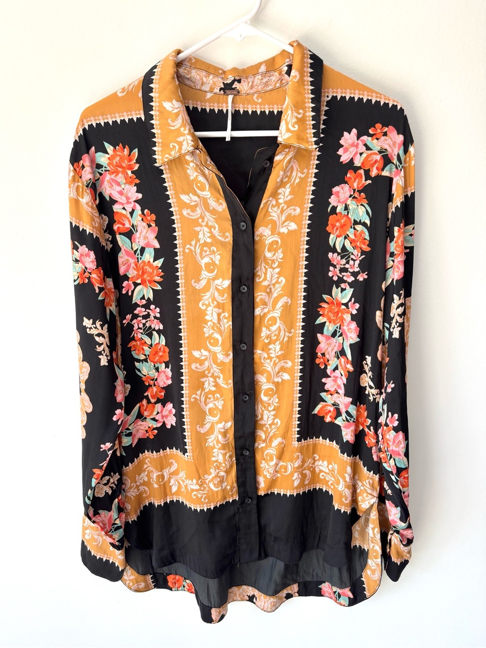 Free People All the Way to Paradise Button Down Blouse Black Orange Floral